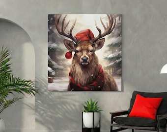 Deer Canvas Wall Art, Winter Watercolor Painting, Woodland Creatures & Forest Nature Decor for Modern Rustic Home Kids Room