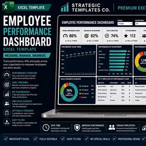 Könnte beinhalten: Eine digitale Anzeige einer Excel-Vorlage für ein Mitarbeiter-Leistungs-Dashboard auf einem Laptop-Bildschirm. Die Benutzeroberfläche enthält Datenvisualisierungen wie Balken- und Kreisdiagramme sowie Textbeschriftungen für Leistungskennzahlen.