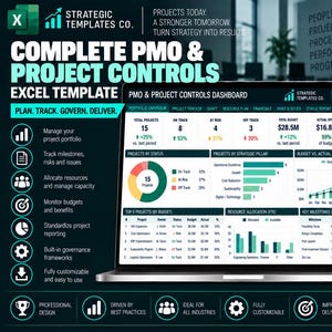 Puede incluir: Una pantalla digital que muestra una plantilla de Excel completa de PMO y controles de proyecto de Strategic Templates Co. El panel incluye gráficos de estado de proyectos, presupuesto, asignación de recursos y hitos en tonos azul.