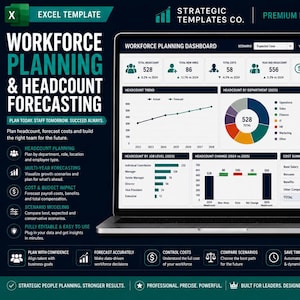 Può includere: Un modello Excel per la pianificazione e la previsione dell'organico visualizzato sullo schermo di un portatile. La dashboard presenta visualizzazioni di dati, tra cui un grafico a linee di tendenza, un grafico a torta per dipartimento e tabelle.