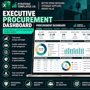 May include: A digital executive procurement dashboard displayed on a laptop screen, featuring data visualizations, charts, and tables for tracking spend, supplier performance, and savings. The interface includes sections for spend analysis, contracts, and reports.
