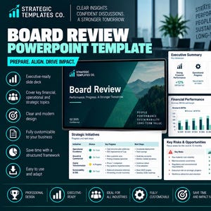 Puede incluir: Una plantilla digital de PowerPoint para revisiones de juntas directivas de Strategic Templates Co. El diseño presenta un esquema de colores verde azulado oscuro y blanco con diapositivas para resúmenes ejecutivos, desempeño financiero, iniciativas y riesgos.