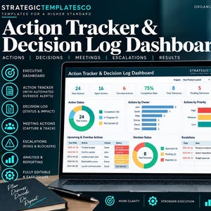 May include: A digital Action Tracker & Decision Log Dashboard displayed on a laptop screen. The interface features data visualizations including bar charts, pie charts, and tables tracking project actions, decisions, and escalations with text labels.