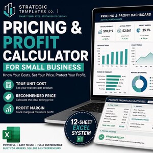 May include: A digital pricing and profit calculator dashboard for small businesses displayed on a laptop screen. The interface features charts, financial metrics, and a 12-sheet Excel system badge. Text includes Pricing & Profit Calculator for Small Business.