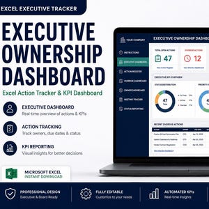 Op de afbeelding: Een laptopscherm met een Executive Ownership Dashboard in Microsoft Excel. De interface bevat datavisualisaties, waaronder ringdiagrammen, staafdiagrammen en tabellen voor het bijhouden van acties en KPI-statistieken.
