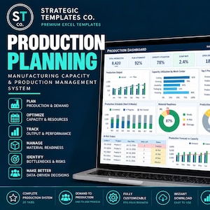 May include: A laptop displaying a production planning dashboard Excel template. The screen shows various charts, graphs, and data tables for manufacturing capacity and production management. The text includes Strategic Templates Co. and Production Planning.