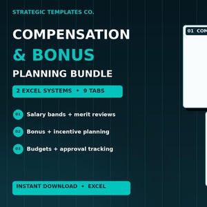 Può includere: Un pacchetto digitale di pianificazione di compensi e bonus per Excel con due sistemi e nove schede. Il layout include intestazioni di testo per fasce salariali, revisioni del merito, pianificazione bonus e monitoraggio budget.