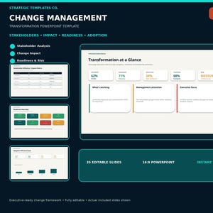 Plantilla de PowerPoint para la gestión del cambio / Plan de transformación, análisis de las partes interesadas, impacto del cambio, adopción y comunicación.