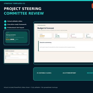 Op de afbeelding: Een digitaal presentatiesjabloon getiteld Project Steering Committee Review van Strategic Templates Co. De lay-out bevat bewerkbare PowerPoint-dia's met een Budget & Forecast-dashboard en een 16:9-beeldverhouding.
