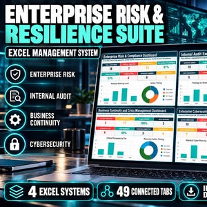 Op de afbeelding: Een laptopscherm toont een Enterprise Risk & Resilience Suite Excel-beheersysteem met vier dashboards: Enterprise Risk & Compliance, Internal Audit Executive, Business Continuity & Crisis Management en Enterprise Cybersecurity Risk.