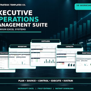 May include: A digital product titled Executive Operations Management Suite by Strategic Templates Co. featuring 58 worksheets and 5 premium Excel systems. The display shows five dashboard interfaces labelled Operations, Inventory, Suppliers, Capacity, and Maintenance.