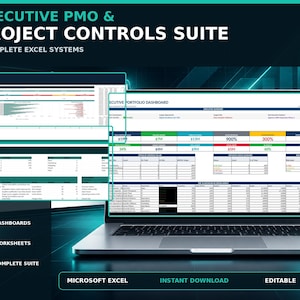 Puede incluir: Un portátil plateado que muestra un panel de control de cartera ejecutiva en su pantalla. El texto dice Executive PMO & Project Controls Suite, 5 Complete Excel Systems, 5 Dashboards, 37 Worksheets, 1 Complete Suite, Microsoft Excel, Instant Download, Editable.