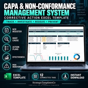 May include: A laptop displaying a CAPA & Non-Conformance Management Excel template. The screen shows an executive dashboard with performance indicators, monthly charts, and root cause analysis. Icons represent NCR register, root cause, action plans, effectiveness, and risk monitoring.