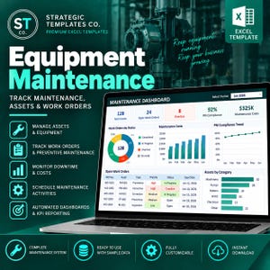 May include: A digital Excel template for equipment maintenance displayed on a laptop screen. The dashboard features charts, tables, and metrics for tracking assets, work orders, and costs. The design uses a dark teal color scheme with white text.