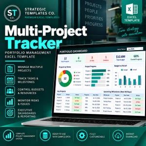 Könnte beinhalten: Ein Laptop-Bildschirm zeigt eine Excel-Vorlage zur Multi-Projektverfolgung mit Portfolio-Dashboard, Projektstatus-Diagrammen, Budget-Ist-Vergleichen und einer Liste wichtiger Projekte vor einem dunkel-türkisfarbenen Hintergrund mit Text.