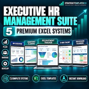 May include: Executive HR Management Suite featuring 5 premium Excel systems. The digital display shows five laptop screens with dashboards for HR Executive, Workforce Planning, Recruitment Tracker, 9-Box Talent, and Succession Planning data.