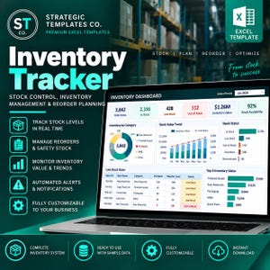 May include: A digital inventory tracker Excel template displayed on a laptop screen, featuring an inventory dashboard with charts, stock value trends, and low stock item tables. The interface includes data for total items, stock levels, and reorder planning.