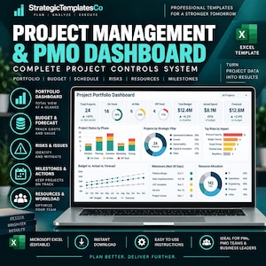 PMO Project Management Dashboard Excel Template | Portfolio, Budget, Risks, KPIs (Digital Download)