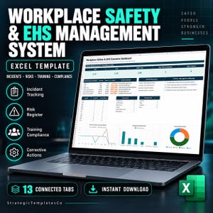 May include: A laptop displaying a Workplace Safety & EHS Management System Excel template. The screen shows an executive dashboard with performance indicators, incident tracking, risk registers, training compliance, and corrective actions data.