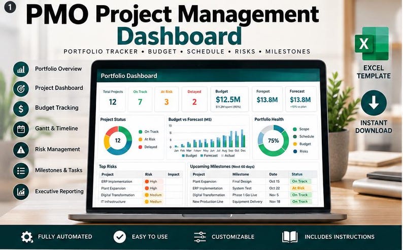 PMO Project Management Dashboard Excel Template | Portfolio, Budget ...