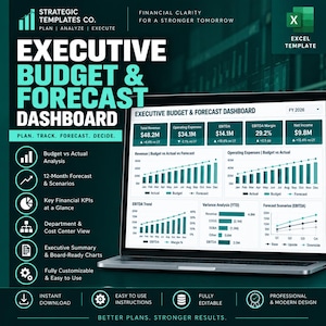 May include: An Executive Budget & Forecast Dashboard Excel template displayed on a laptop screen. The interface features financial metrics, including Total Revenue, Operating Expenses, EBITDA, and Net Income, alongside line and bar charts.