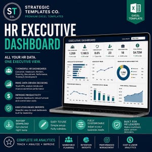 Könnte beinhalten: Ein Laptop zeigt ein HR-Executive-Dashboard mit Datenvisualisierungen wie Balkendiagrammen, Liniendiagrammen und einem Kreisdiagramm. Der Bildschirm zeigt Kennzahlen wie Mitarbeiterzahl, Fluktuationsrate und Gehaltsabrechnung auf dunkelblauem Hintergrund.