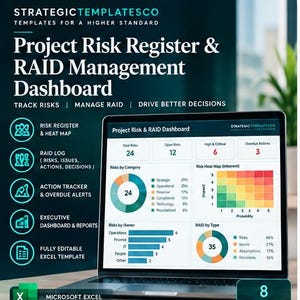 Puede incluir: Un panel digital de gestión de riesgos y RAID mostrado en la pantalla de una computadora portátil. La interfaz presenta visualizaciones de datos que incluyen un gráfico de anillos, un mapa de calor de riesgos y gráficos de barras.