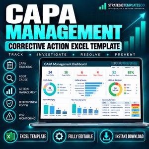 May include: A digital CAPA Management Corrective Action Excel Template displayed on a laptop screen. The dashboard features data visualizations including pie charts, bar graphs, and tables tracking metrics like status, risk levels, and root causes.