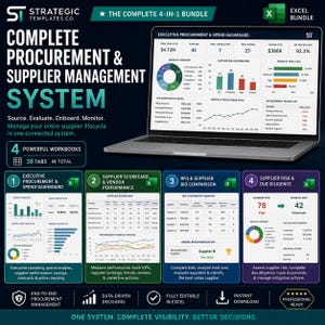 Op de afbeelding: Een digitaal inkoop- en leveranciersbeheersysteem weergegeven op een laptopscherm, met vier Excel-werkmappen inclusief dashboards, scorecards, biedingsvergelijkingen en risicobeoordelingstools, voorzien van grafieken en datatabellen.
