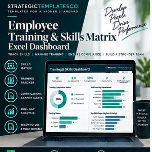 May include: A laptop displaying an Employee Training & Skills Matrix Excel Dashboard with charts and data. The screen shows metrics like training completion status, skill levels by department, and skill gaps. Text includes StrategicTemplatesCo.
