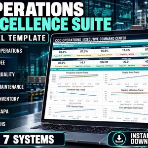 May include: A laptop screen displaying an Operations Excellence Suite Excel template titled COO Operations | Executive Command Center. The dashboard features a period KPI scorecard with metrics like OEE, quality yield, and downtime rate, alongside six line charts showing performance trends over time.