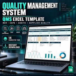 Könnte beinhalten: Ein Laptop zeigt ein Excel-Vorlagen-Dashboard für ein Qualitätsmanagementsystem mit Datentabellen, Liniendiagrammen und einem Kreisdiagramm. Der Bildschirm zeigt Kennzahlen für NCR, CAPA, Audits und Lieferantenqualität sowie 14 verbundene Reiter.