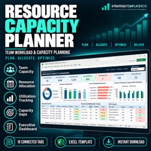 Puede incluir: Una plantilla de Excel de planificador de capacidad de recursos digital en un monitor. La interfaz presenta un panel con gráficos, tasas de utilización y métricas de carga de trabajo del equipo. El texto incluye StrategicTemplatesCo, Resource Capacity Planner y Plan, Allocate, Optimize, Deliver.