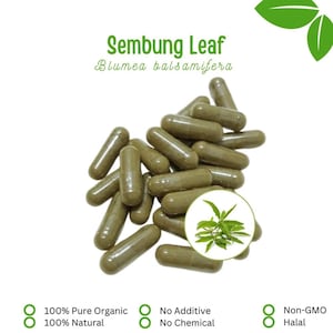 Pode incluir: Cápsulas verde-oliva com o texto "Sembung Leaf Blumea balsamifera." A imagem também inclui o texto que diz "100% Pure Organic, 100% Natural, No Additive, No Chemical, Non-GMO, Halal."