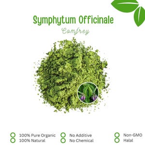 May include: A close-up of a mound of vibrant green Comfrey powder, Symphytum Officinale, against a white backdrop. The image features text indicating the product is 100% organic, natural, and free from additives and chemicals.