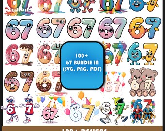 67 Valentine Number SVG Bundle | Cute Kawaii Numbers 67 PNG PDF | Funny Drip & Cartoon 67 Designs | Cricut Silhouette Cut Files