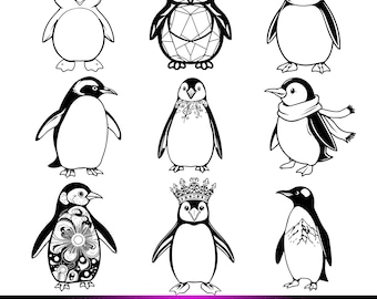 Paquete de más de 200 imágenes SVG de pingüinos / Imágenes prediseñadas PNG de pingüinos adorables / Páginas para colorear de siluetas de pingüinos / Archivos de corte para Cricut / Diseño para sublimación / SVG de animales