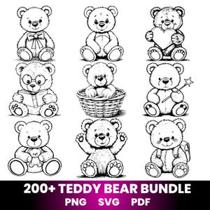 May include: A black and white illustration featuring nine teddy bears in different poses. One bear holds a heart, another wears glasses and reads a book, and one has a backpack. The image includes the text "200+ TEDDY BEAR BUNDLE" with file type options.