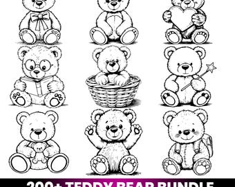 Paquete de más de 200 imágenes SVG de ositos de peluche, imágenes prediseñadas PNG de ositos adorables, páginas para colorear en blanco y negro, archivos para Cricut, arte para la habitación del bebé en baby shower, conjunto de ositos imprimibles