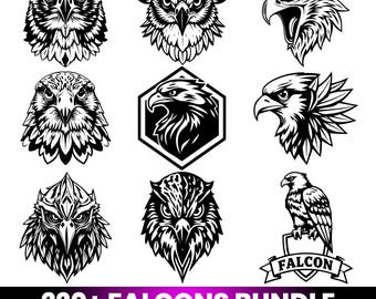 Paquete de más de 220 imágenes SVG de halcones, imágenes prediseñadas de siluetas de aves, logotipos vectoriales de halcones, archivos de corte para Cricut, sublimación PNG, descarga de diseño de águila