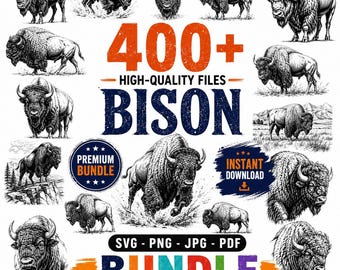 400+ Bison SVG Bundle, Buffalo Clipart PNG, Wildlife Silhouette Cut Files, Western Farm Animal Designs for Cricut & Laser