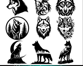 Paquete de 100 SVG de lobo / PNG de lobo en PDF / Clipart de luna de lobo aullando / Diseños de tatuajes tribales de lobo / Archivos de corte de silueta de Cricut