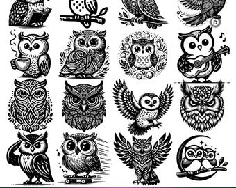 Paquete de 200 SVG PNG de búhos / Imágenes prediseñadas de búhos lindos y mandalas / Silueta de búho vectorial para Cricut, sublimación, diseño de camisetas y calcomanías