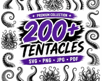 200+ Tentacle SVG Bundle | Octopus & Kraken Clipart | Vintage Engraving Sea Monster Cut Files for Cricut, Tattoo  Sublimation