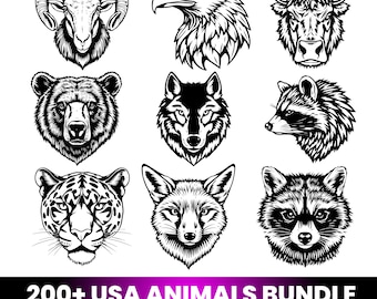 Paquete de archivos SVG de vida silvestre con más de 200 diseños, SVG de animales de EE. UU., PNG de lobo, oso y águila, imágenes prediseñadas de animales para grabado, SVG estilo tatuaje, archivos para Cricut.