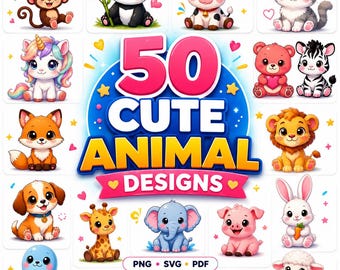 50 Cute Kawaii Animal Clipart Bundle | Baby Animals PNG SVG PDF | Nursery Clipart | Cartoon Animals | Digital Download