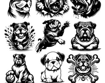 Paquete SVG de Bulldog: más de 100 imágenes prediseñadas de perros, gráficos vectoriales PNG y PDF. Archivos de corte de silueta de Bulldog para Cricut Silhouette. Descarga digital.