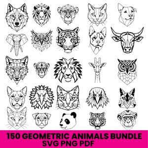 May include: Black and white geometric animal illustrations, including a wolf, lion, monkey, cat, dog, elephant, owl, tiger, giraffe, and panda. The image includes the text "150 Geometric Animals Bundle SVG PNG PDF".