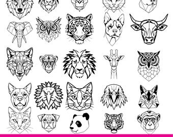 Paquete de 150 SVG de animales geométricos / Caras de animales poligonales PNG PDF / SVG de animales de baja poli / Archivos de corte de silueta de Cricut