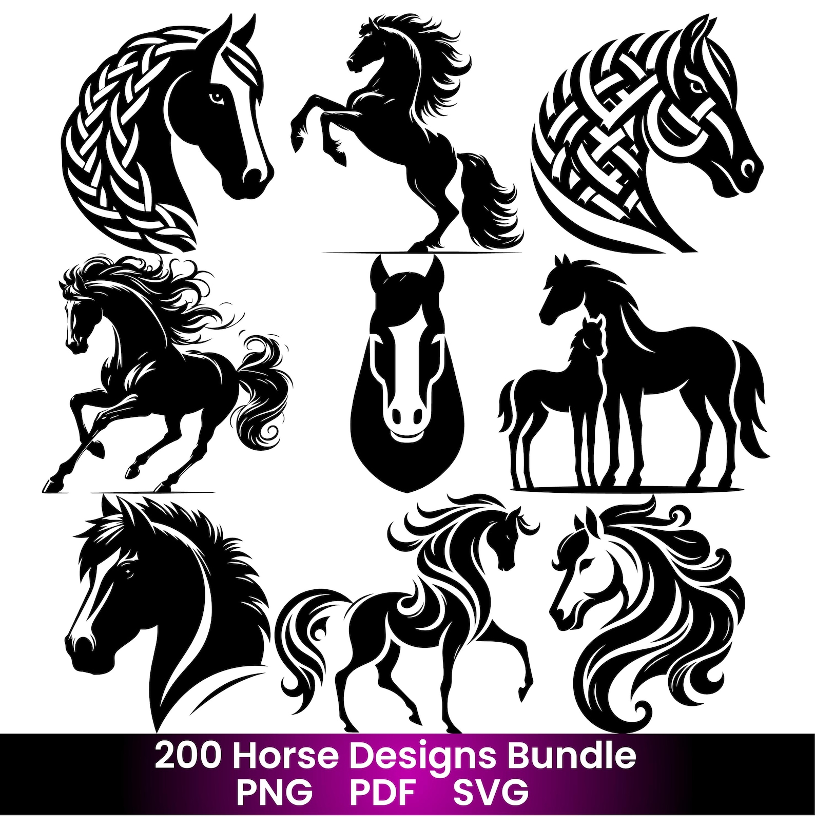 Stallion Svg Simple 200 Horse SVG Bundle | Horse Head Silhouette SVG PNG Pdf | Stallion ...